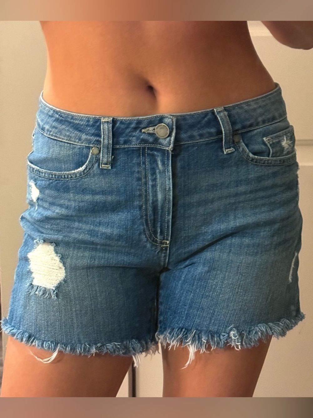 Paige Frayed Hem Distressed Blue Denim Shorts